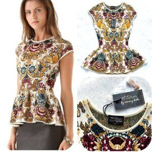 NWT Auc Torn by Ronny Kobo Vivienne Parisian Folklore Peplum Knit Top